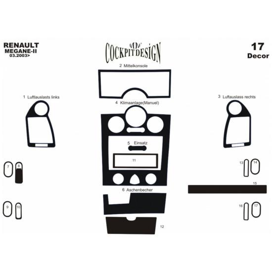 Накладки на панель 17 деталей (Meric, Туреччина) Карбон для Renault Megane II 2004-2009 рр