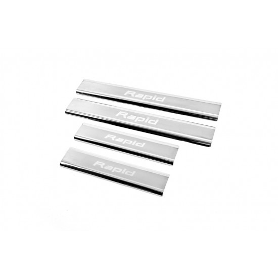 Накладки на пороги Carmos V2 (4 шт, нерж) для Skoda Rapid 2012-2024 рр Накладки на пороги Carmos V2 (4 шт, нерж) для Skoda Rapid 2012-2024 рр
